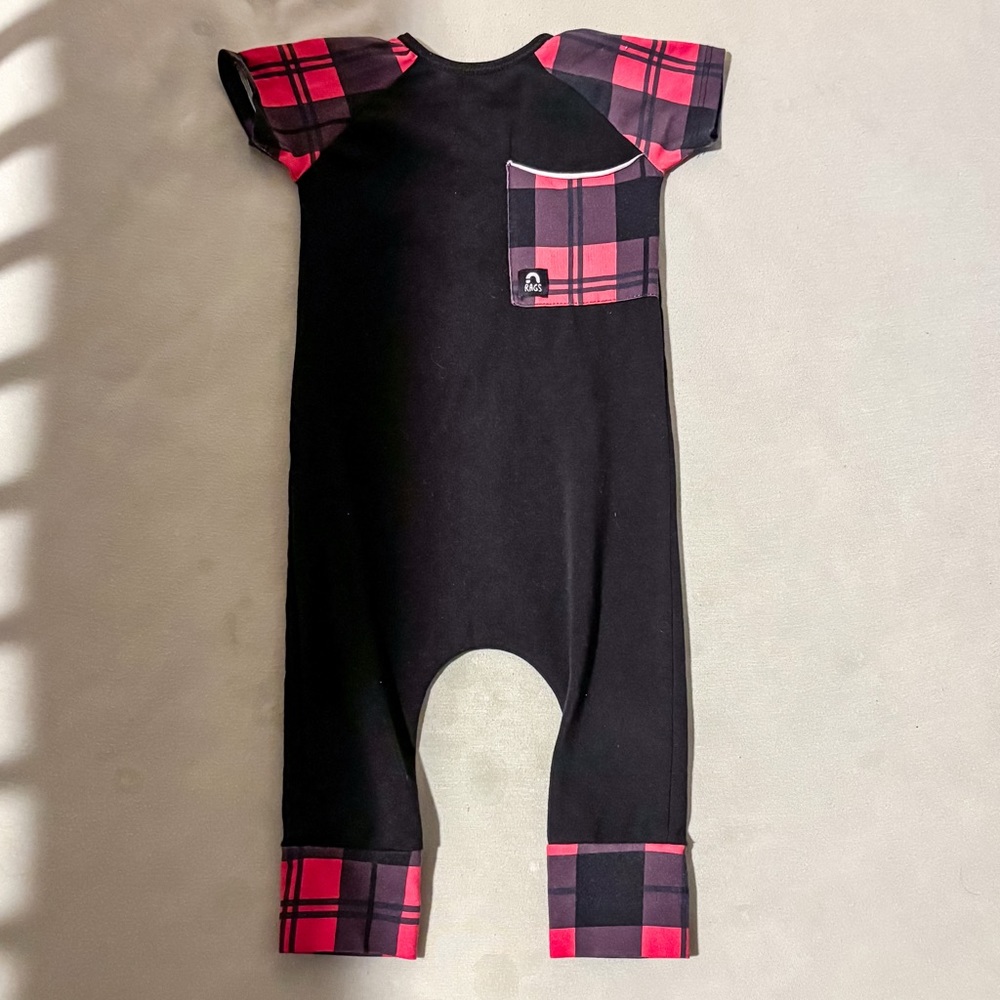 RAGS TO RACHES Holiday Plaid Trim Romper (6-12m)